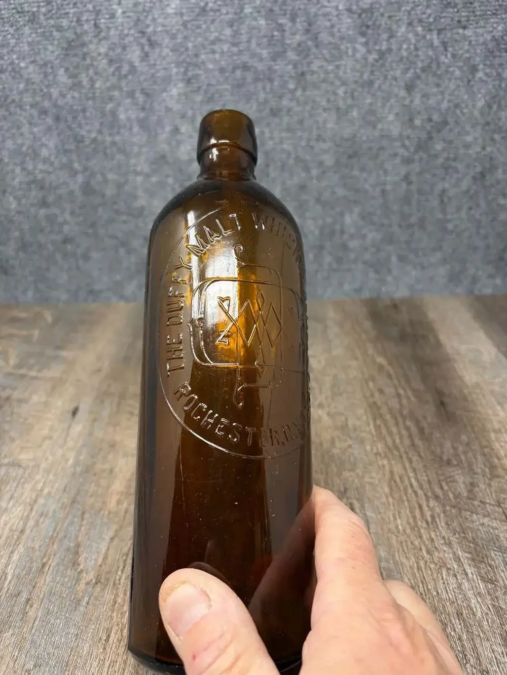 Duffy Malt Whiskey Bottle Amber Embossed Rochester NY 1/5 Gallon Antique